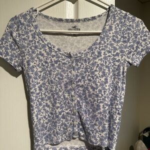 Hollister Blue Fitted Buttoned Short Sleeve T-Shirt